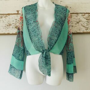 Banzai! Boho Cardi Top Flutter Sleeves Aqua Multicolor Floral Boutique Top Small
